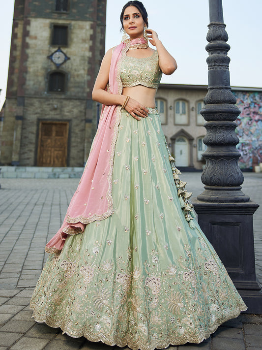 Women's Lime green Satin Silk Sequins embroidery Lehenga choli & Dupatta