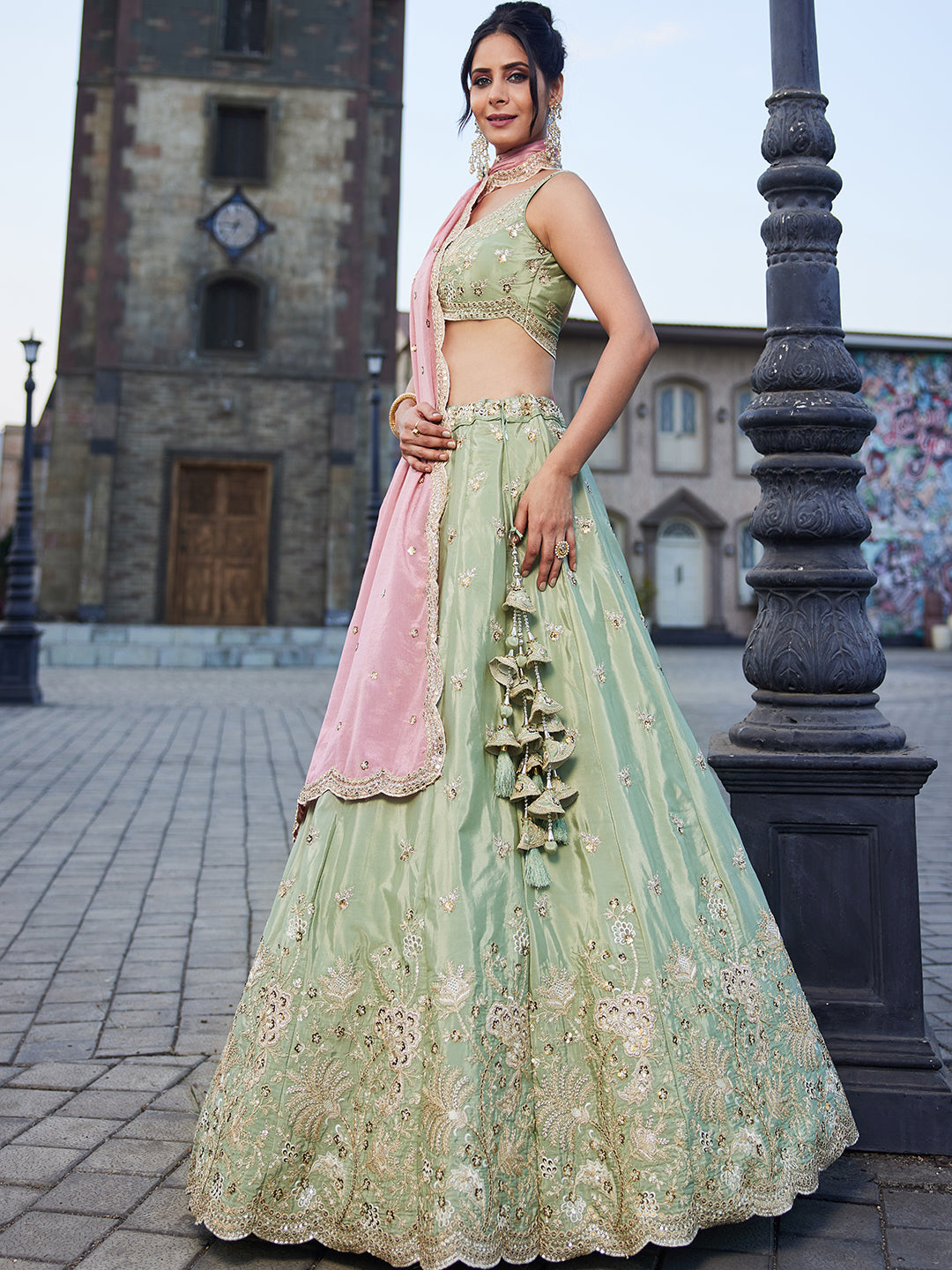 Women's Lime green Satin Silk Sequins embroidery Lehenga choli & Dupatta