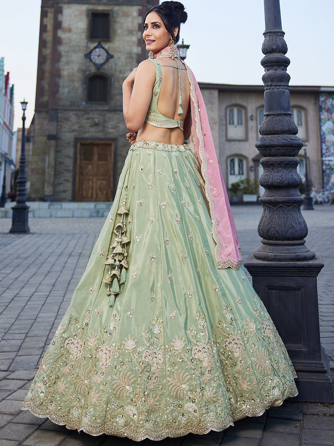 Women's Lime green Satin Silk Sequins embroidery Lehenga choli & Dupatta