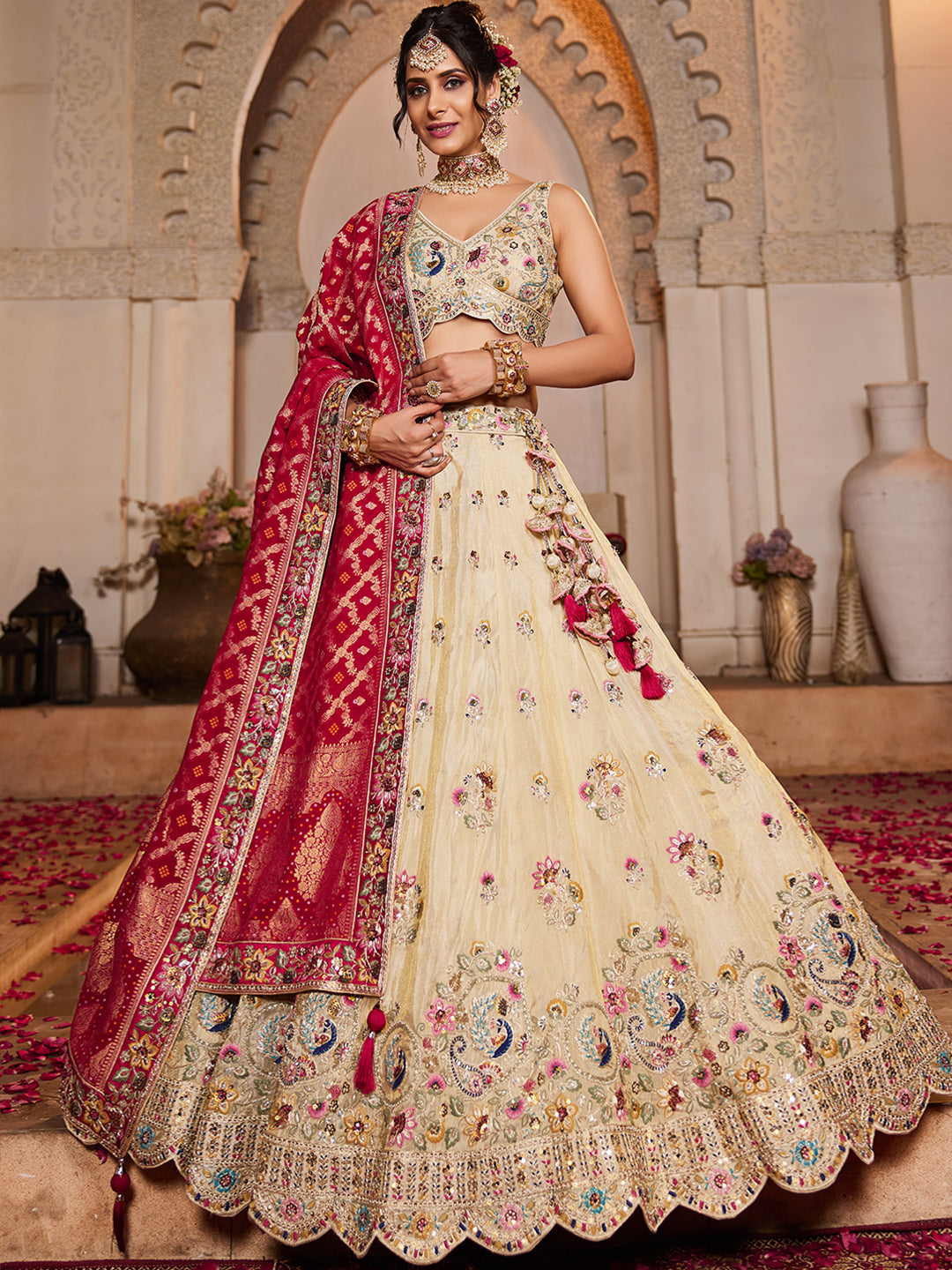 Women's Cream colour Tissue Sequinse embroidery Lehenga choli & Dupatta