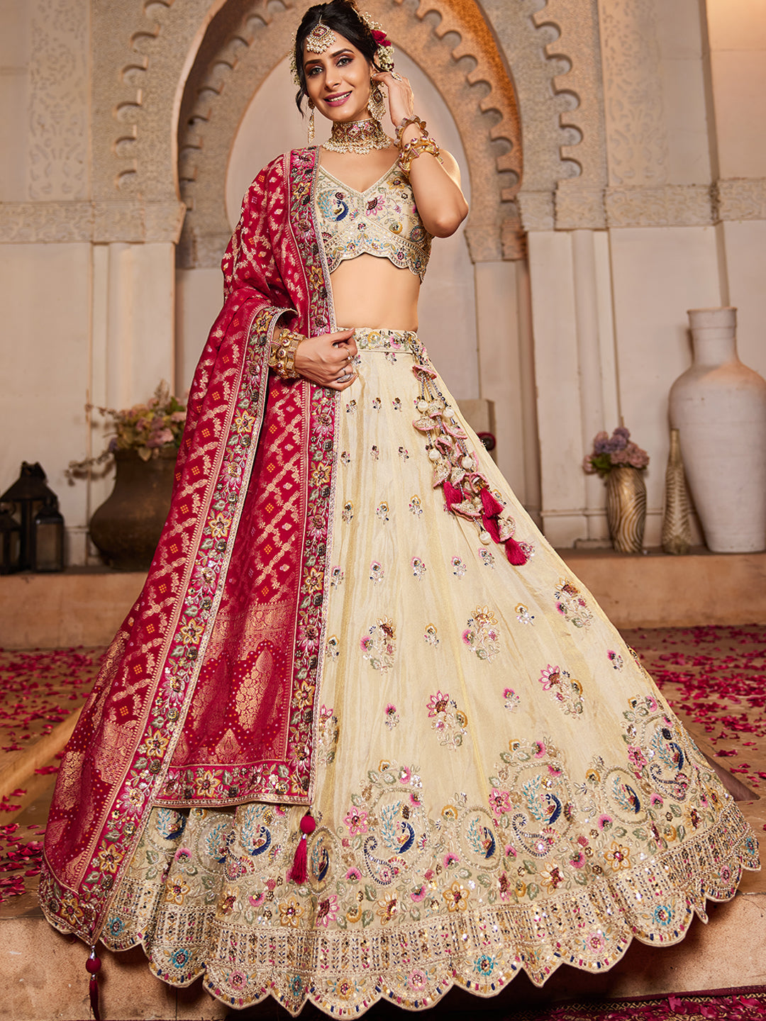 Women's Cream colour Tissue Sequinse embroidery Lehenga choli & Dupatta