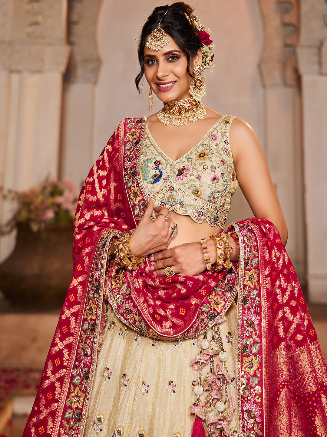 Women's Cream colour Tissue Sequinse embroidery Lehenga choli & Dupatta