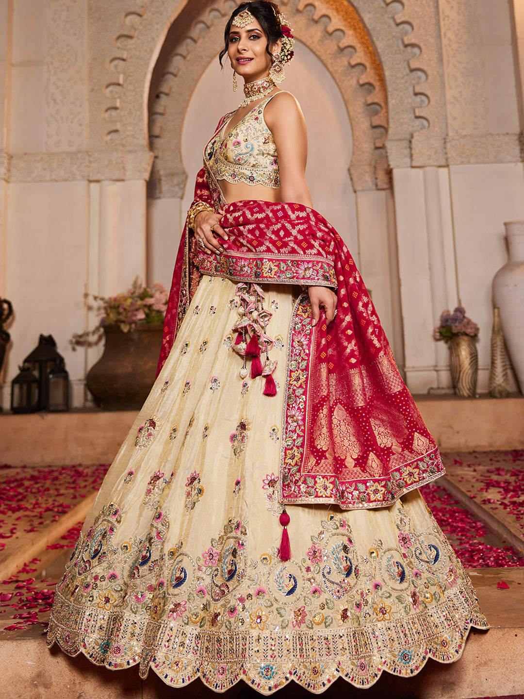 Women's Cream colour Tissue Sequinse embroidery Lehenga choli & Dupatta