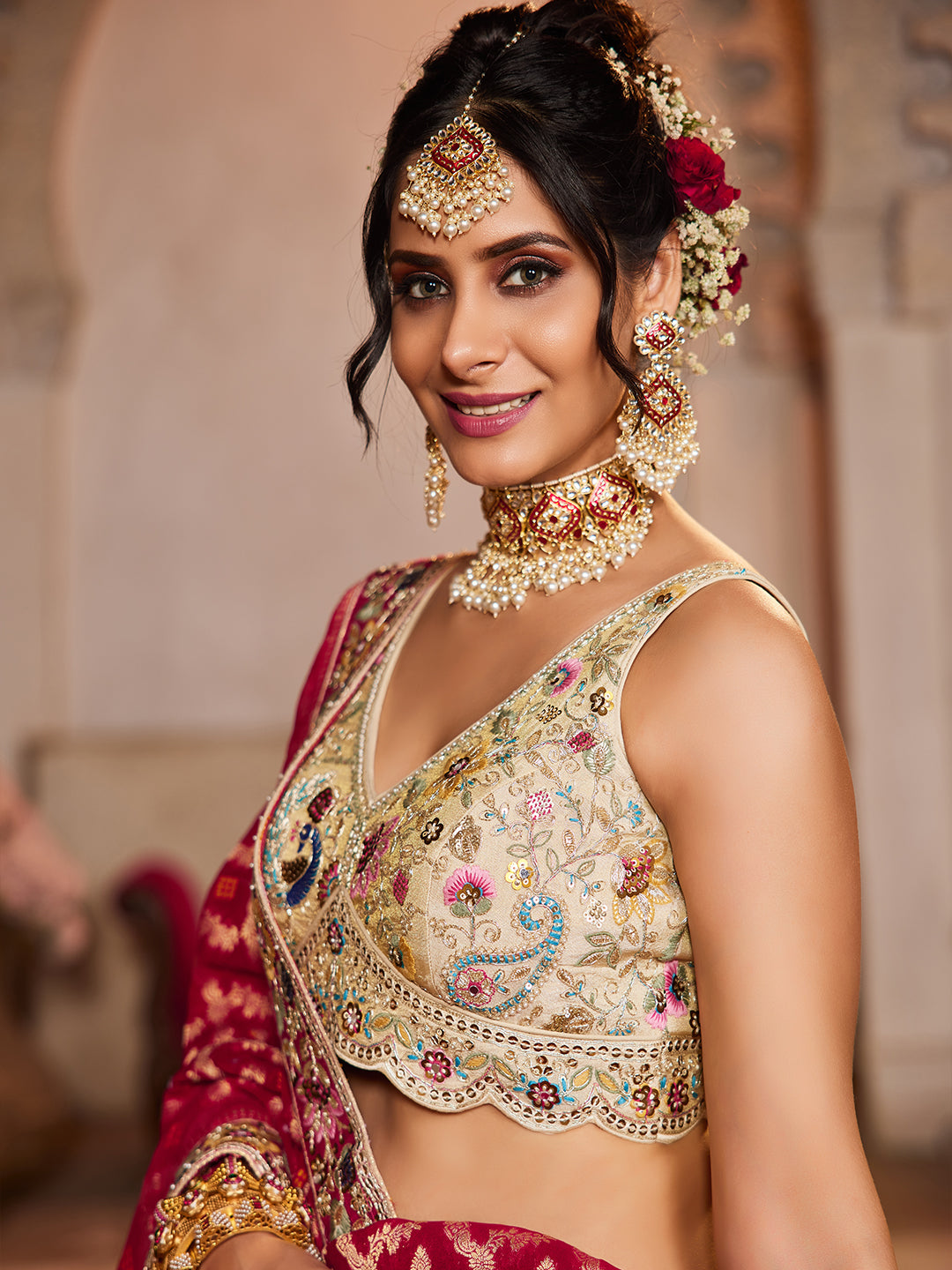 Women's Cream colour Tissue Sequinse embroidery Lehenga choli & Dupatta