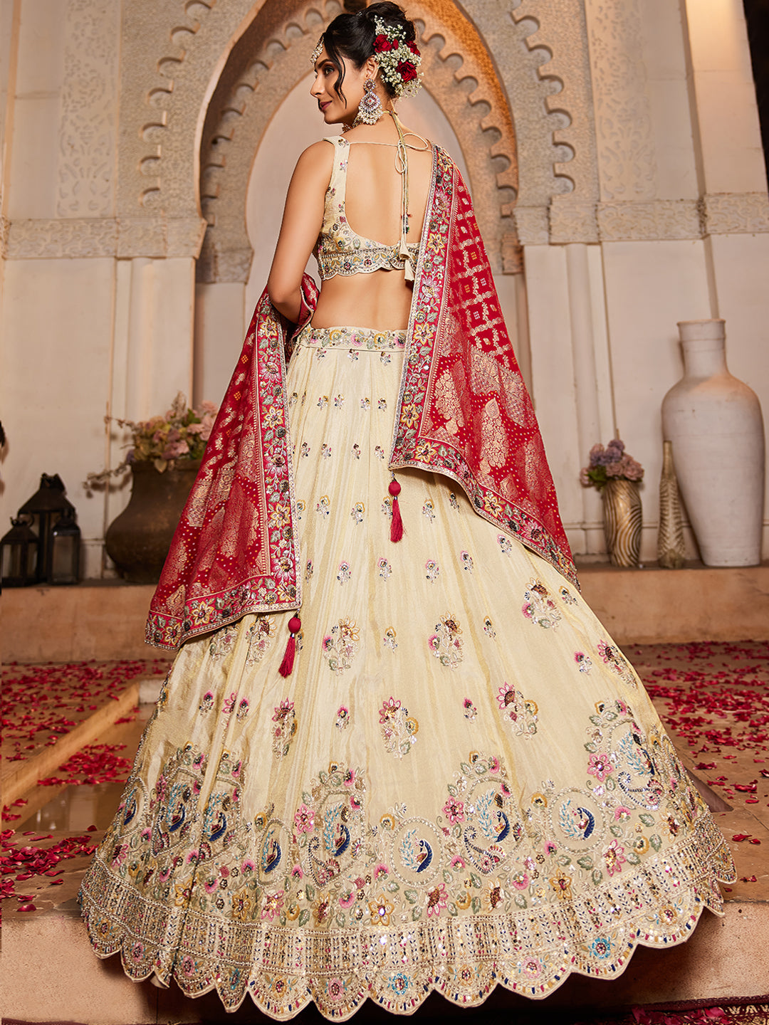 Women's Cream colour Tissue Sequinse embroidery Lehenga choli & Dupatta
