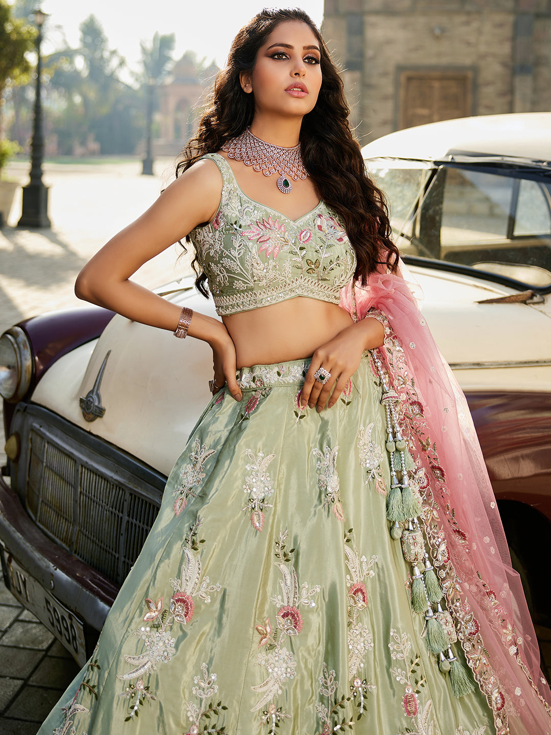 Women's Lime green Satin Silk Sequins embroidery Lehenga choli & Dupatta