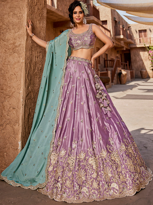 Women's Lavender Satin Silk Sequins embroidery Lehenga choli & Dupatta