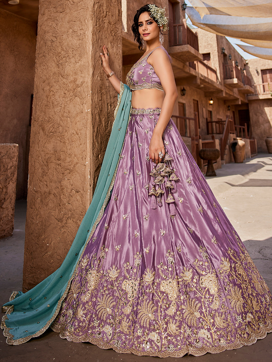 Women's Lavender Satin Silk Sequins embroidery Lehenga choli & Dupatta