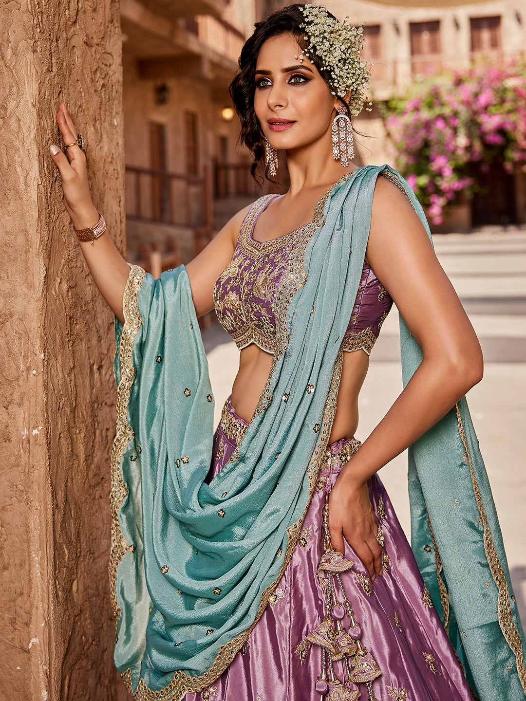 Women's Lavender Satin Silk Sequins embroidery Lehenga choli & Dupatta