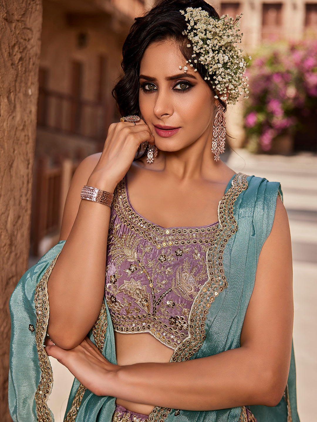 Women's Lavender Satin Silk Sequins embroidery Lehenga choli & Dupatta