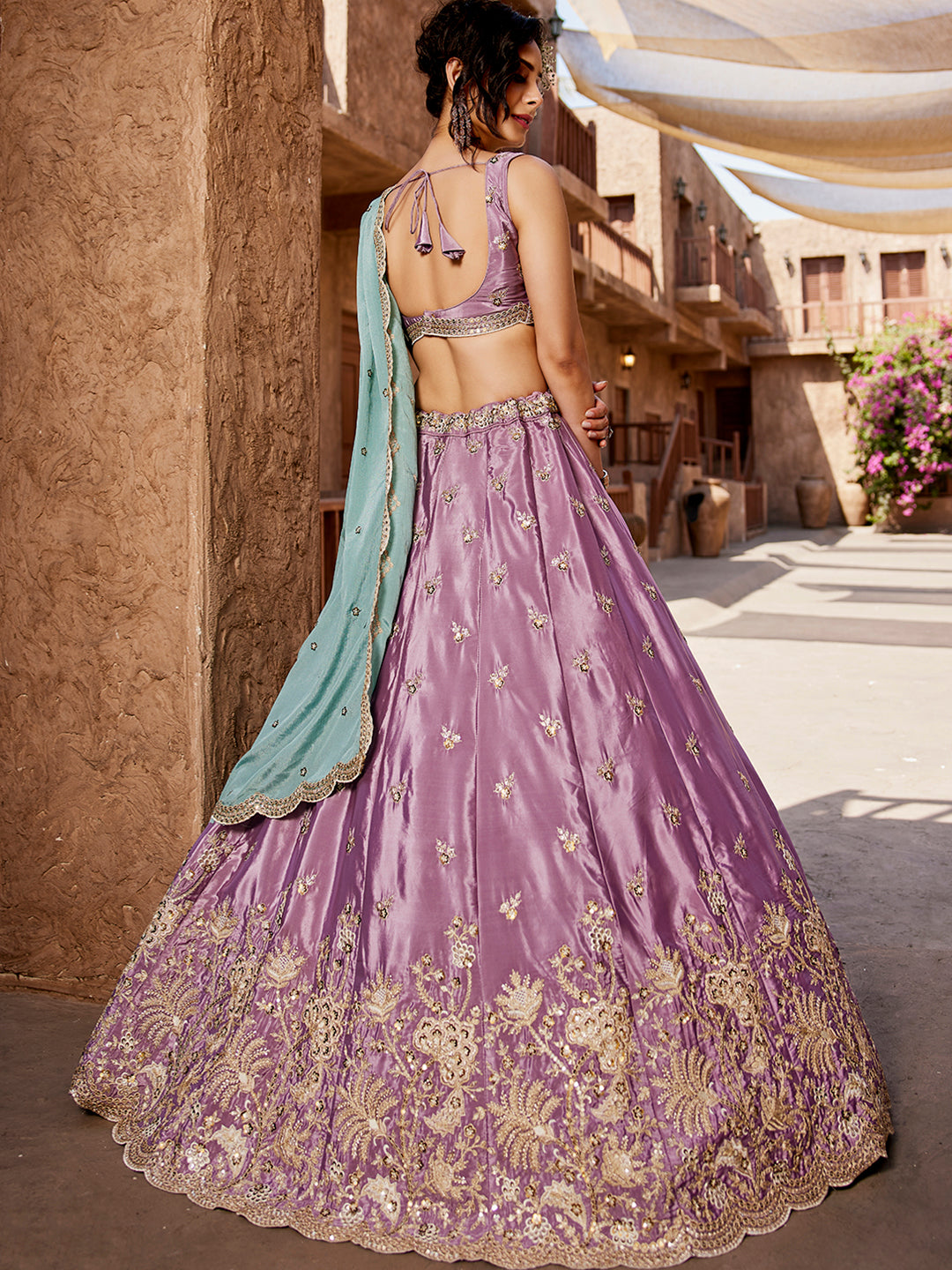 Women's Lavender Satin Silk Sequins embroidery Lehenga choli & Dupatta