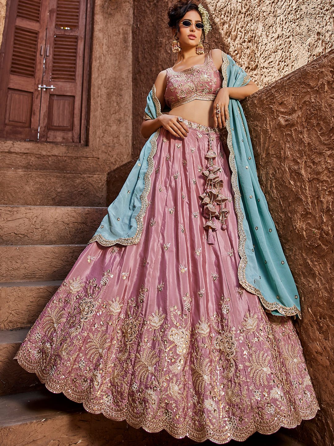 Women's Pink Satin Silk Sequins embroidery Lehenga choli & Dupatta