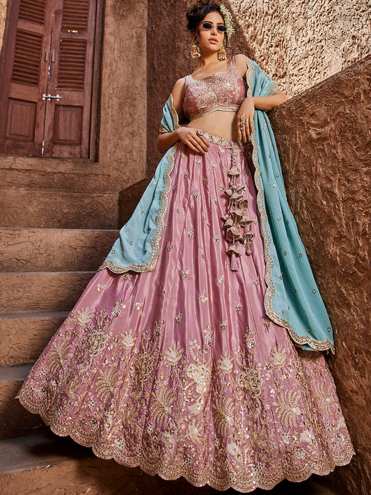 Women's Pink Satin Silk Sequins embroidery Lehenga choli & Dupatta