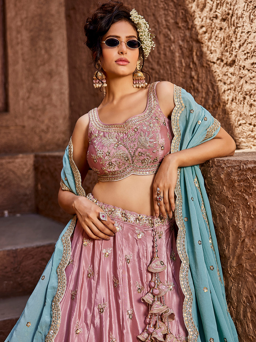 Women's Pink Satin Silk Sequins embroidery Lehenga choli & Dupatta