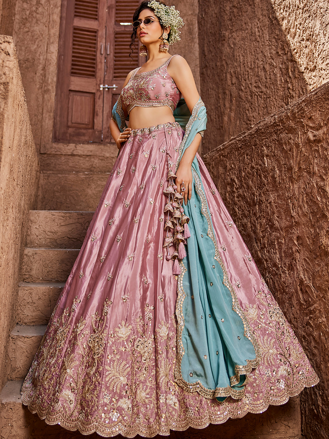 Women's Pink Satin Silk Sequins embroidery Lehenga choli & Dupatta