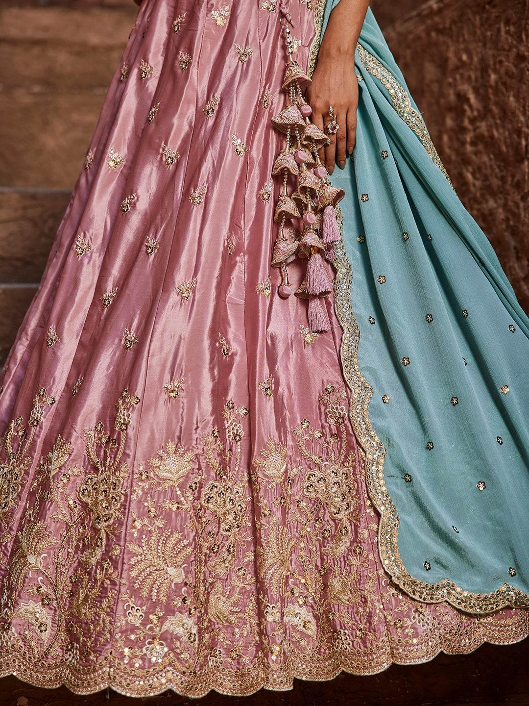 Women's Pink Satin Silk Sequins embroidery Lehenga choli & Dupatta