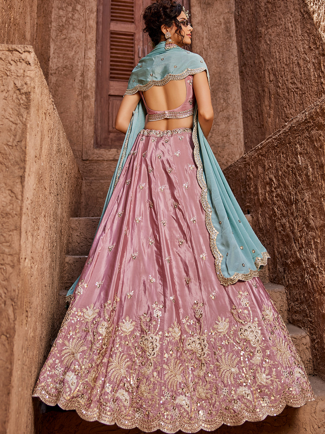 Women's Pink Satin Silk Sequins embroidery Lehenga choli & Dupatta