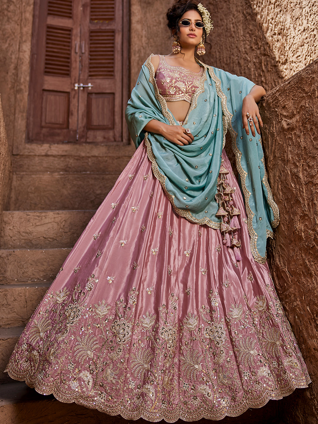 Women's Pink Satin Silk Sequins embroidery Lehenga choli & Dupatta