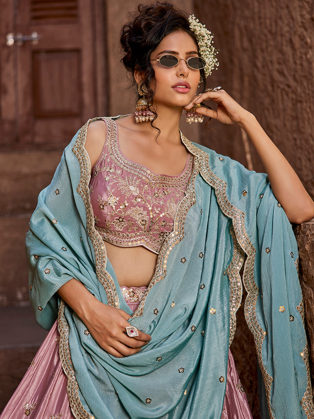 Women's Pink Satin Silk Sequins embroidery Lehenga choli & Dupatta