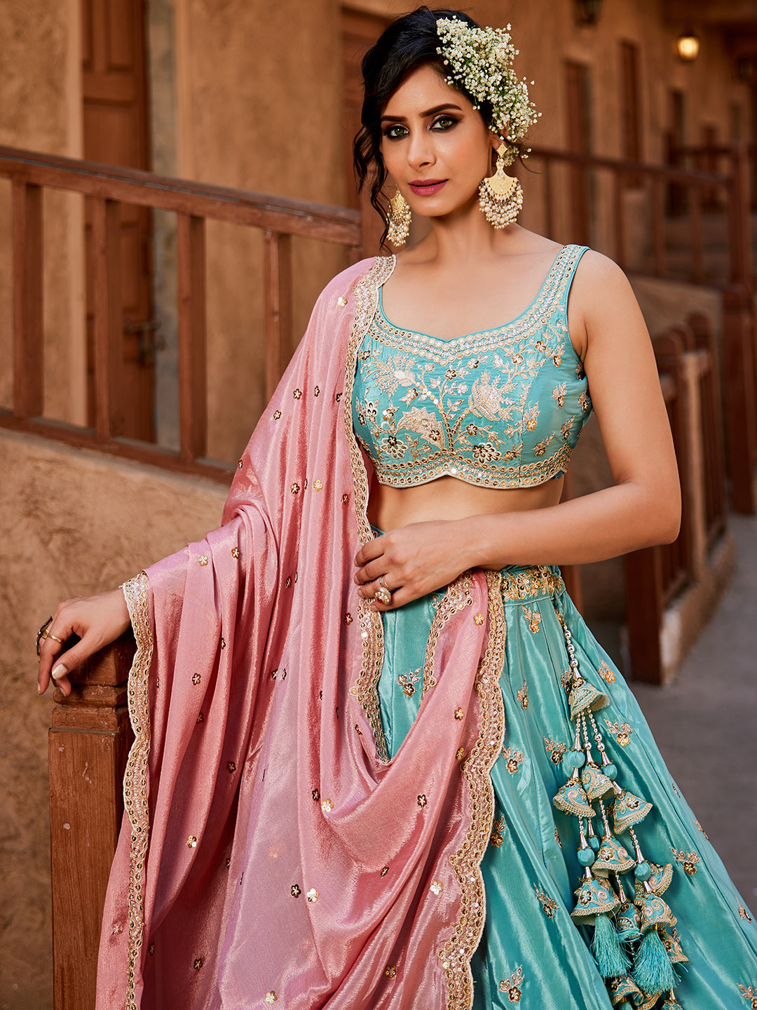 Women's Turquoise blue Satin Silk Sequins embroidery Lehenga choli & Dupatta