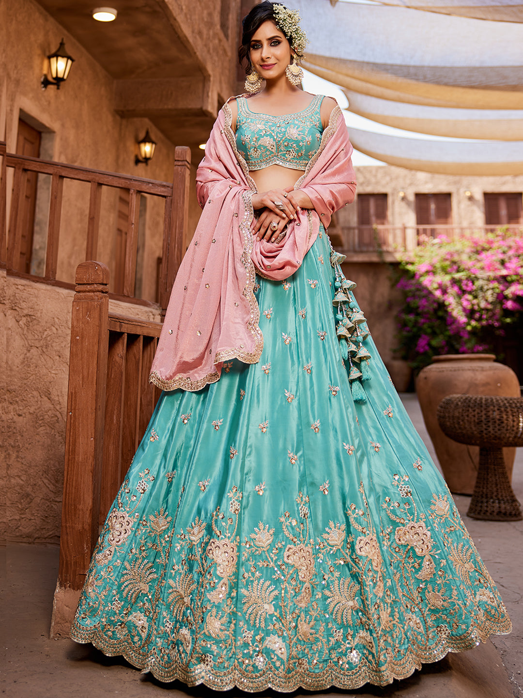 Women's Turquoise blue Satin Silk Sequins embroidery Lehenga choli & Dupatta