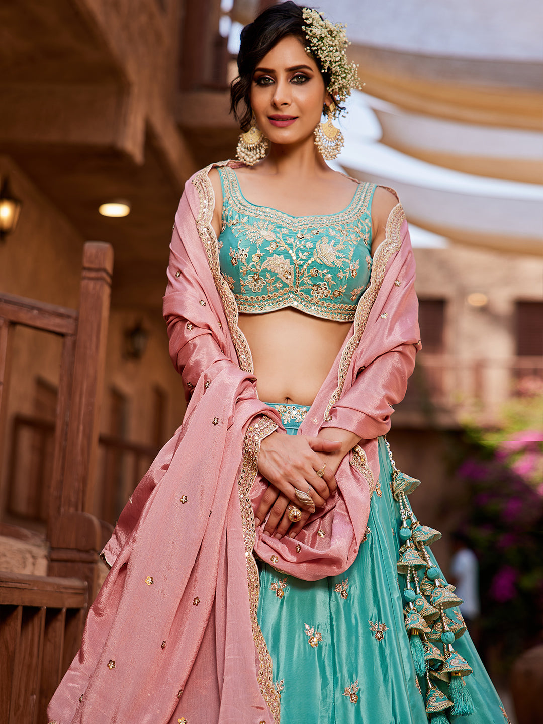 Women's Turquoise blue Satin Silk Sequins embroidery Lehenga choli & Dupatta