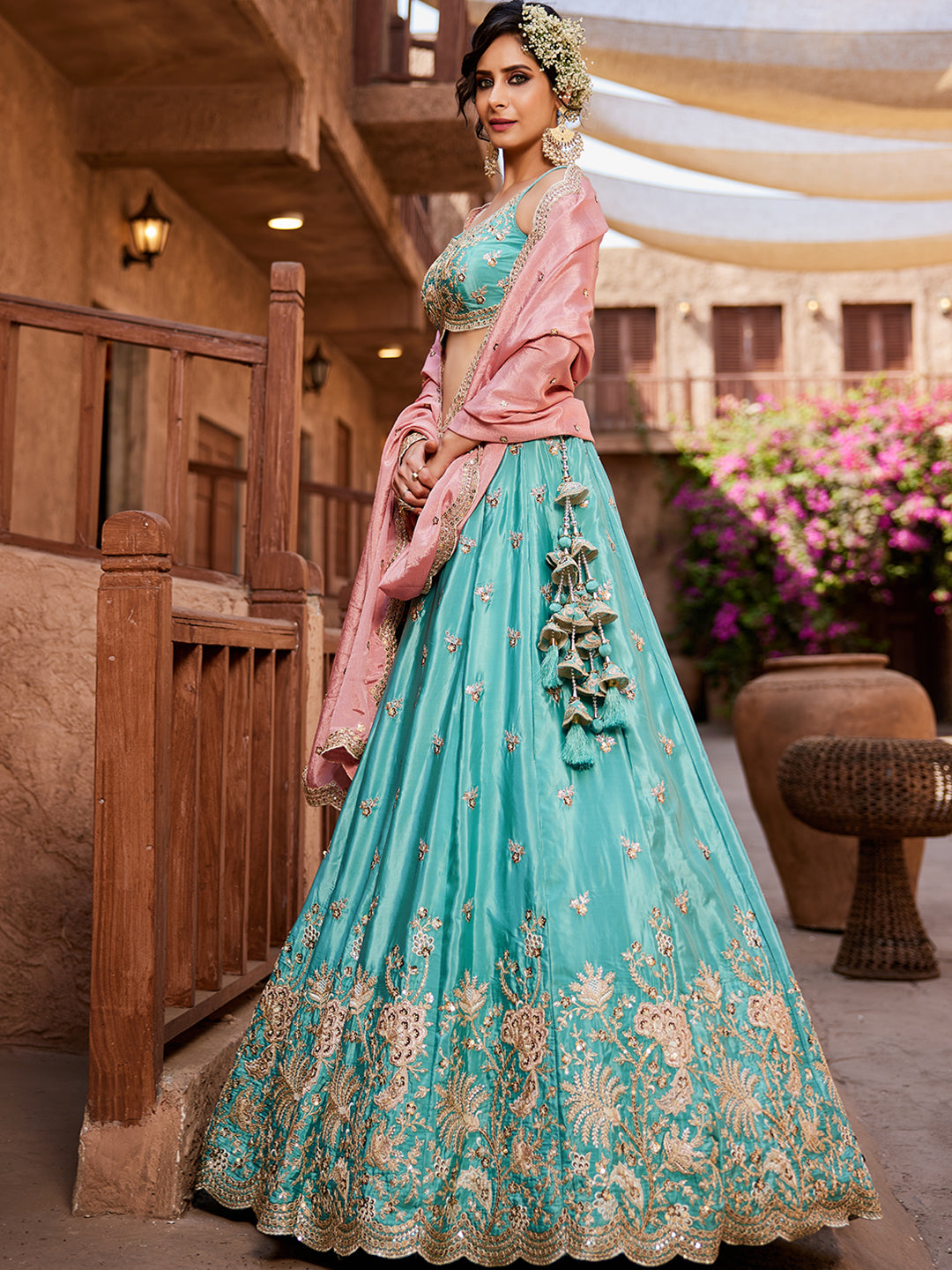 Women's Turquoise blue Satin Silk Sequins embroidery Lehenga choli & Dupatta
