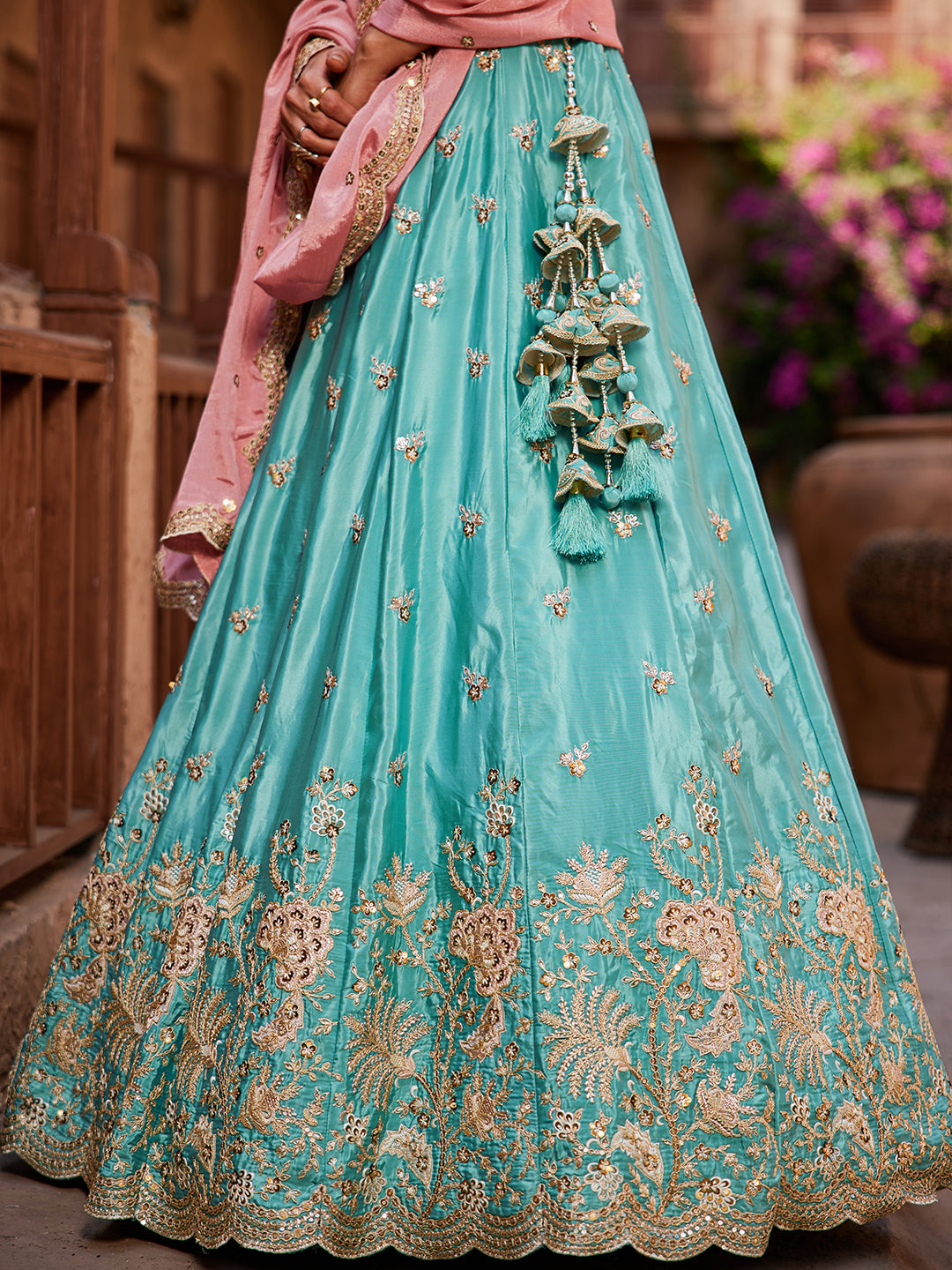 Women's Turquoise blue Satin Silk Sequins embroidery Lehenga choli & Dupatta