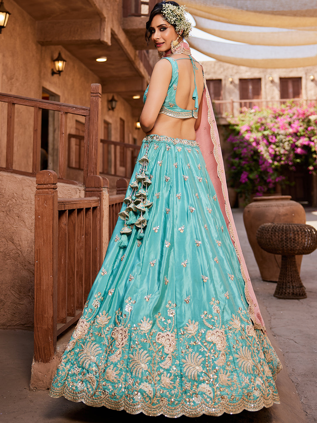 Women's Turquoise blue Satin Silk Sequins embroidery Lehenga choli & Dupatta