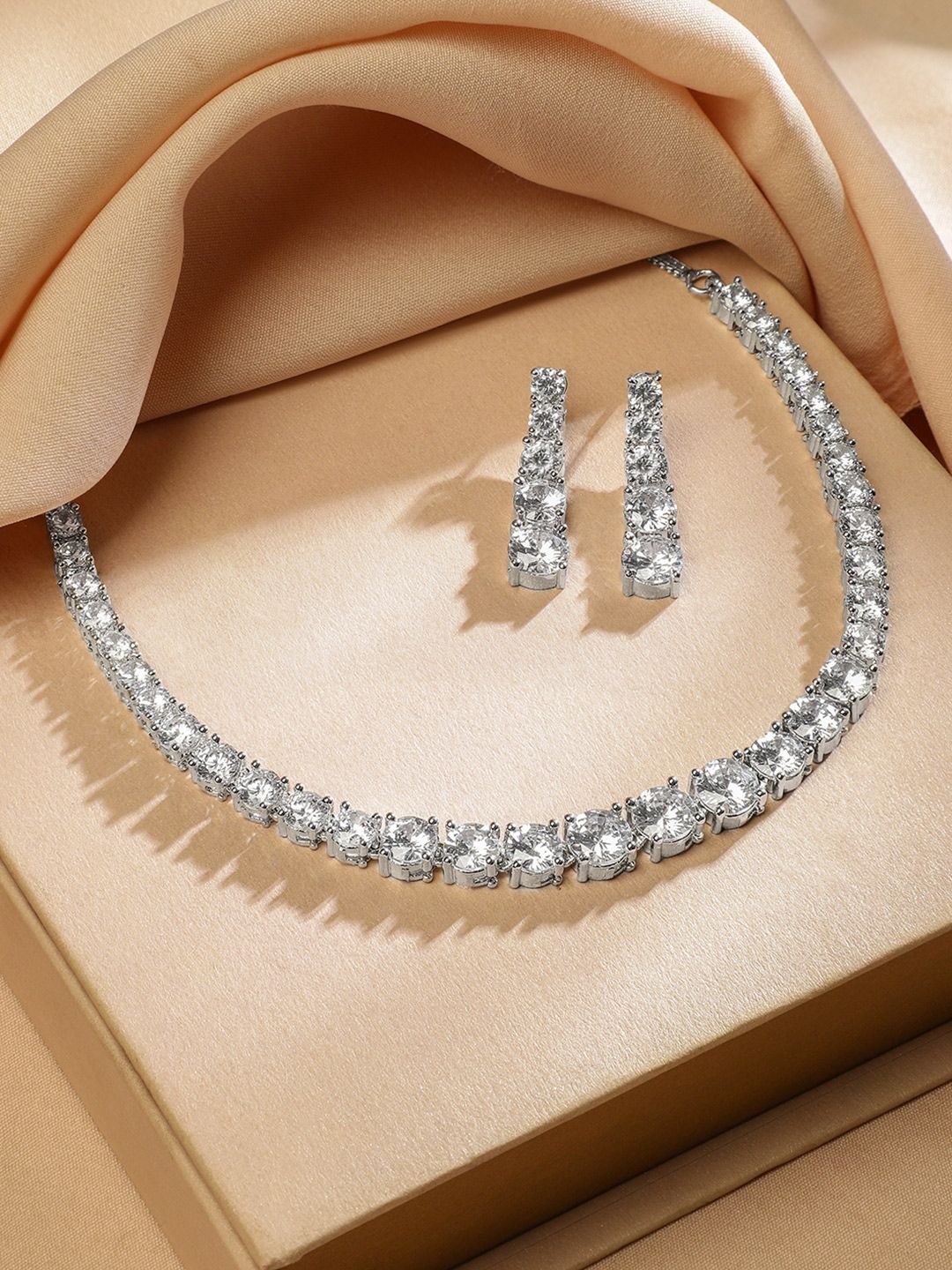 Dhiyona RJ Women's Rhodium-Plated White Cubic Zirconia Studded Tennis Necklace