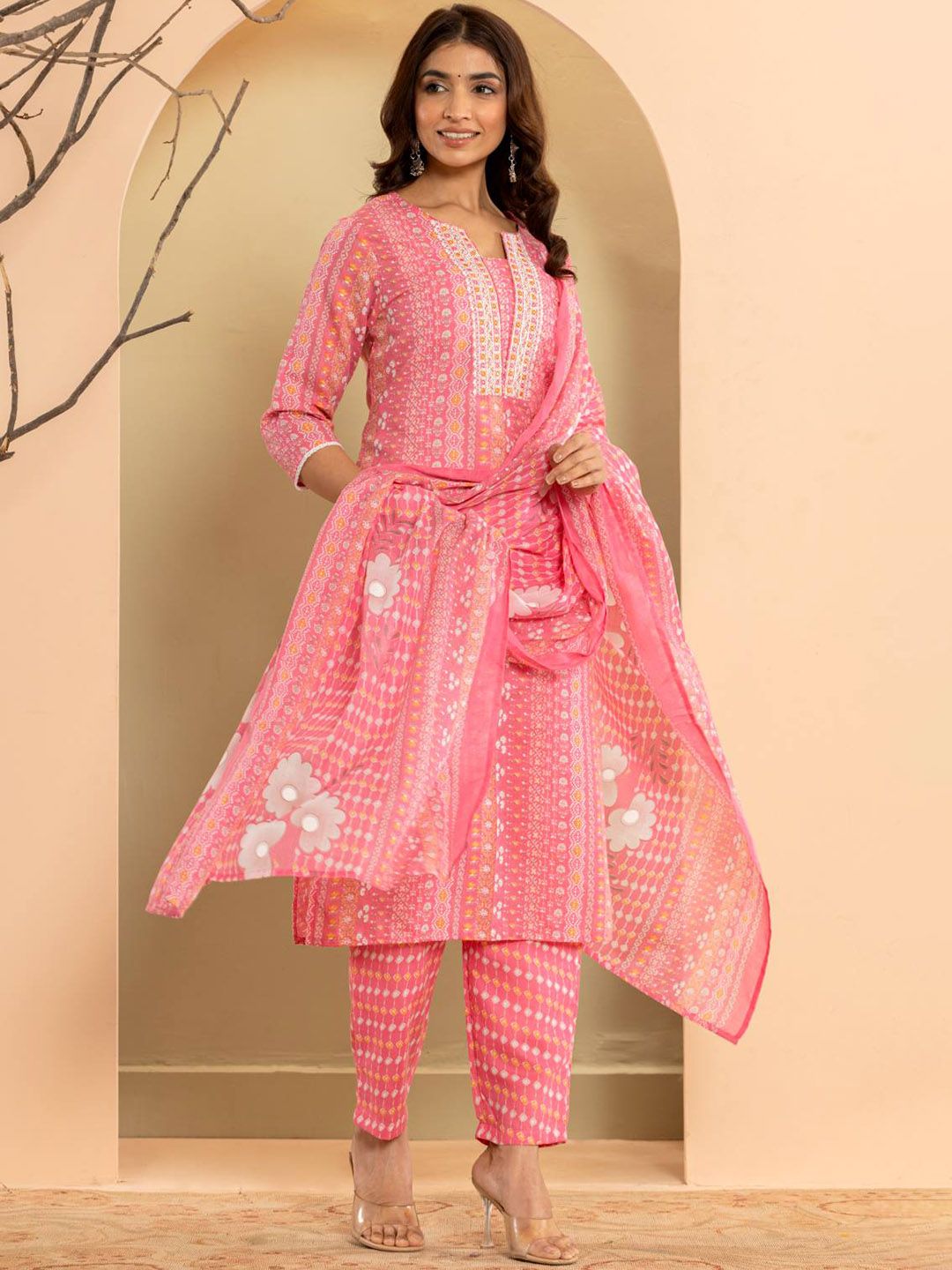 Dhiyona VA Women'sEthnic Motifs Printed Regular Mirror Work Kurta with Trousers & With Dupatta