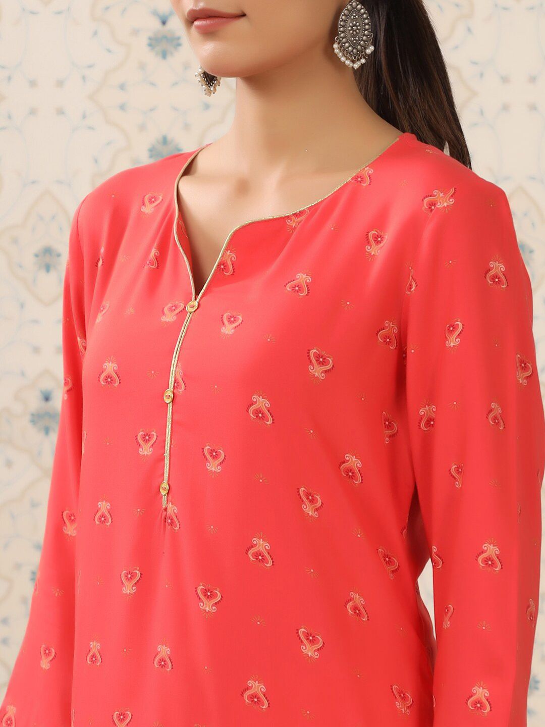 Dhiyona OD Red & Yellow Ethnic Motif Printed Notched Neck Kurta With Palazzos