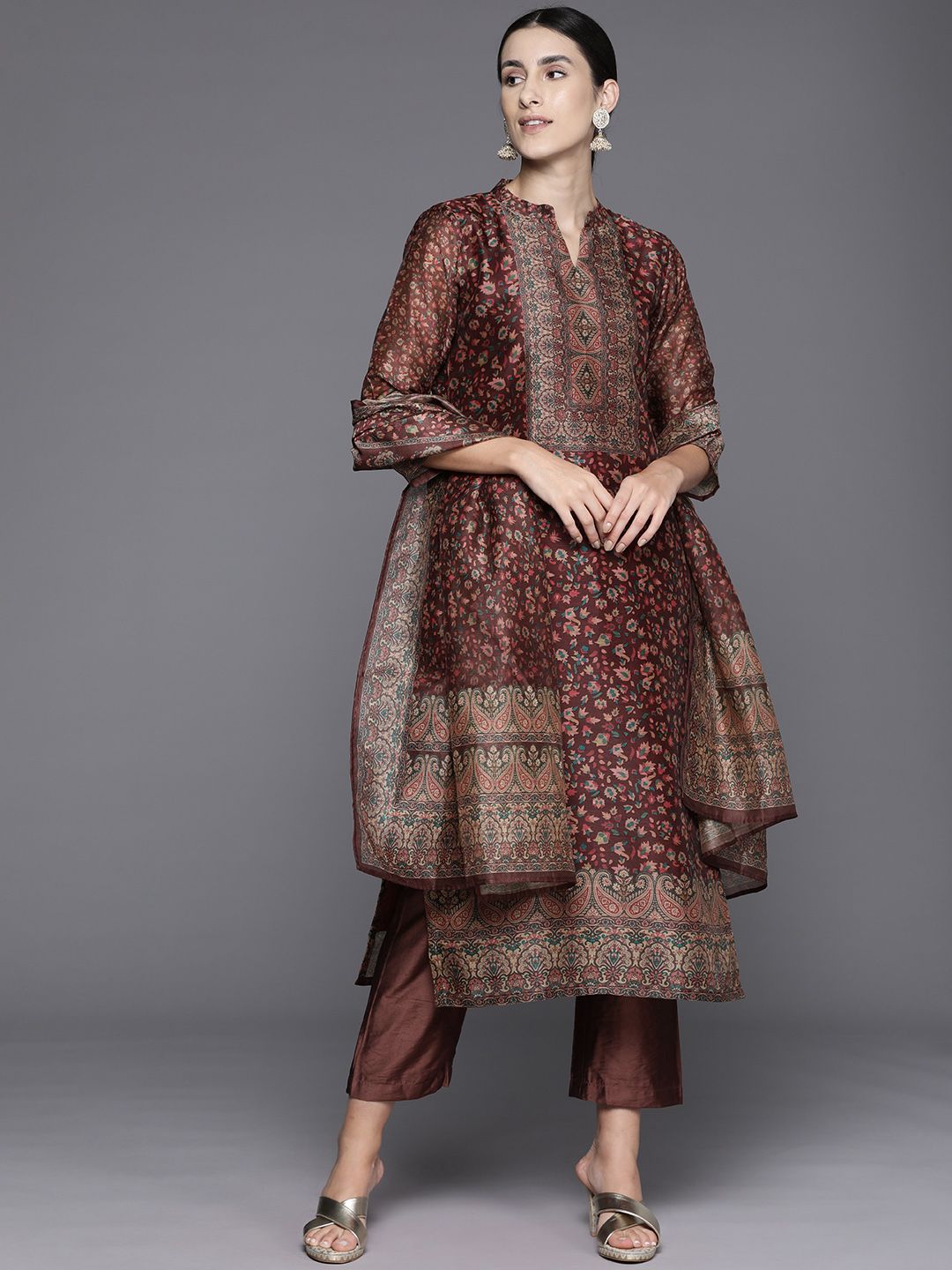 Dhiyona VA Women's Floral Printed Regular Chanderi Silk Kurta with Trousers & With Dupatta
