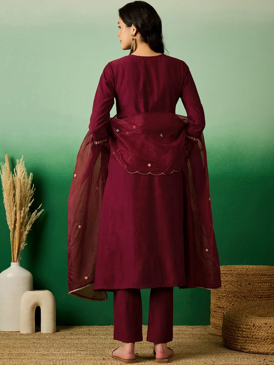 Dhiyona SN Women's Maroon Floral Embroidered V-Neck Sequinned A-Line Kurta With Pant & Dupatta