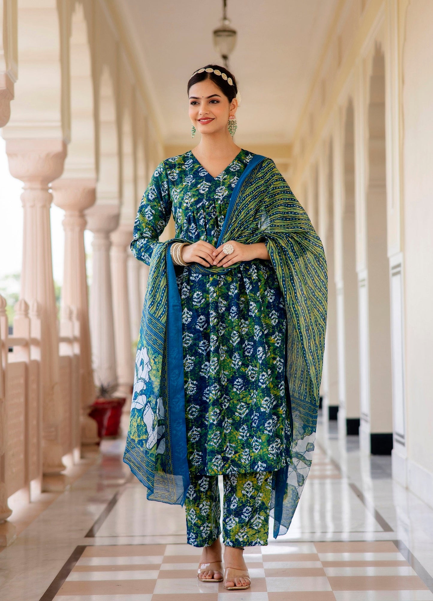 Women Dark Green Printed Viscose Rayon Kurta, Pant And Dupatta Set