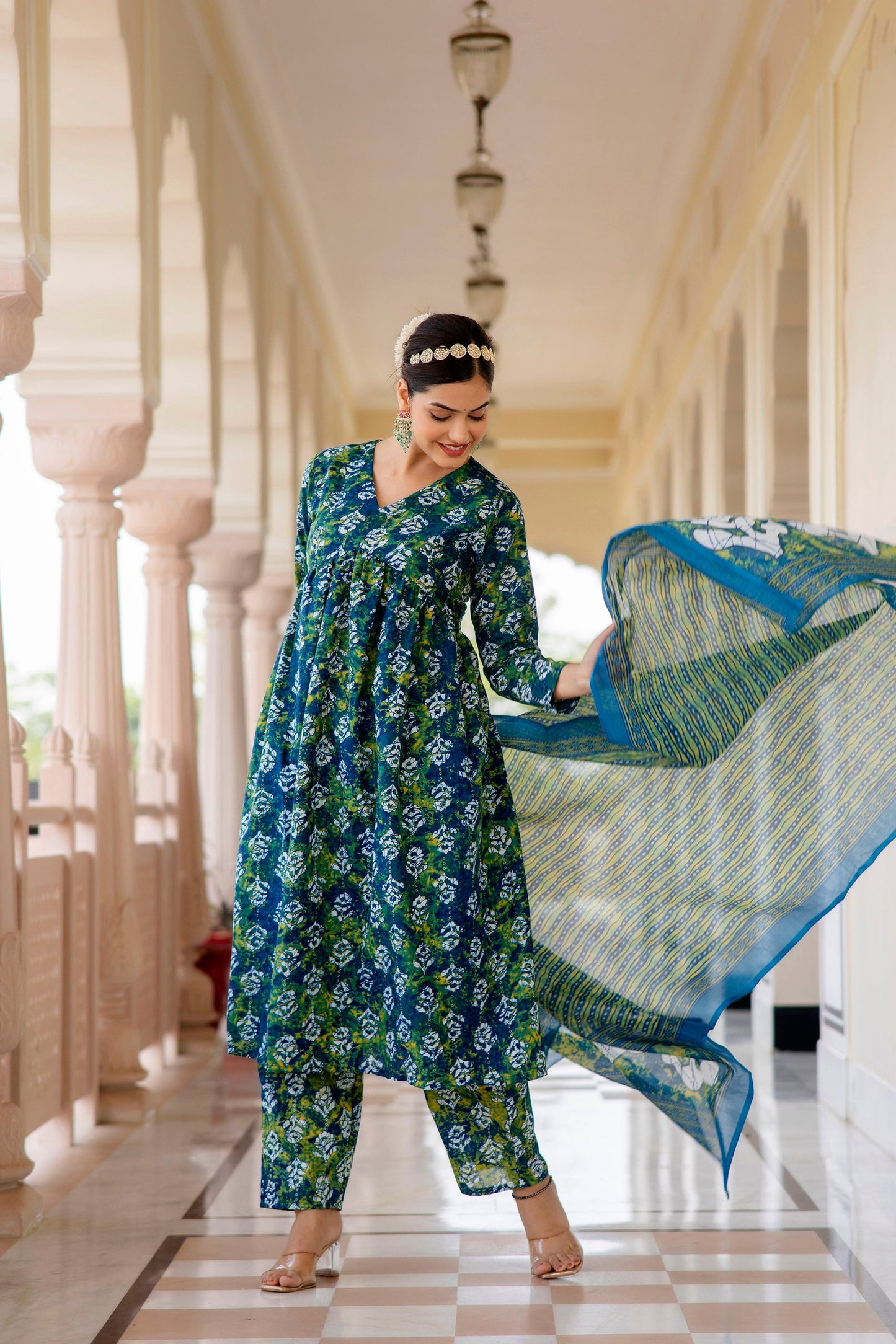 Women Dark Green Printed Viscose Rayon Kurta, Pant And Dupatta Set