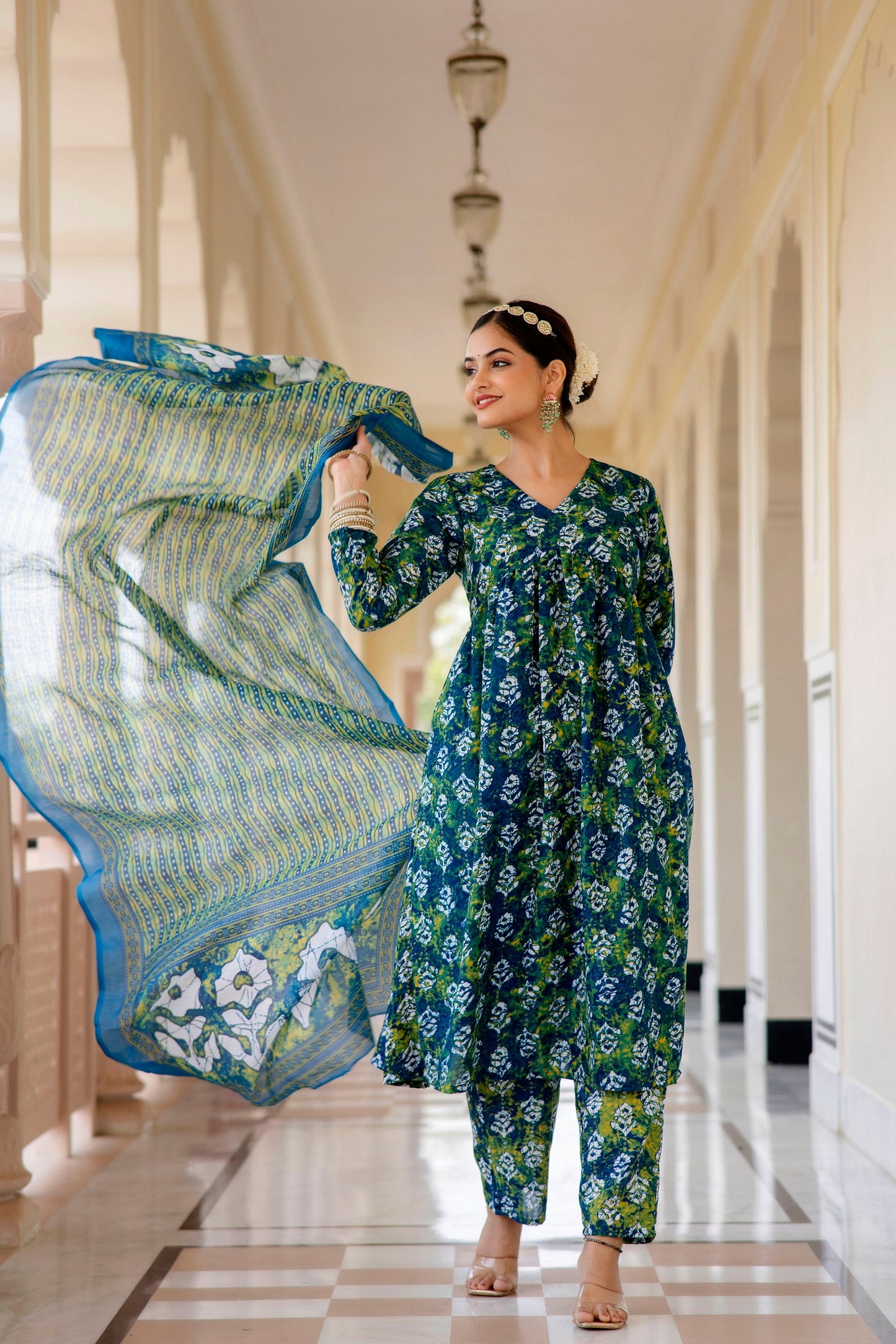 Women Dark Green Printed Viscose Rayon Kurta, Pant And Dupatta Set