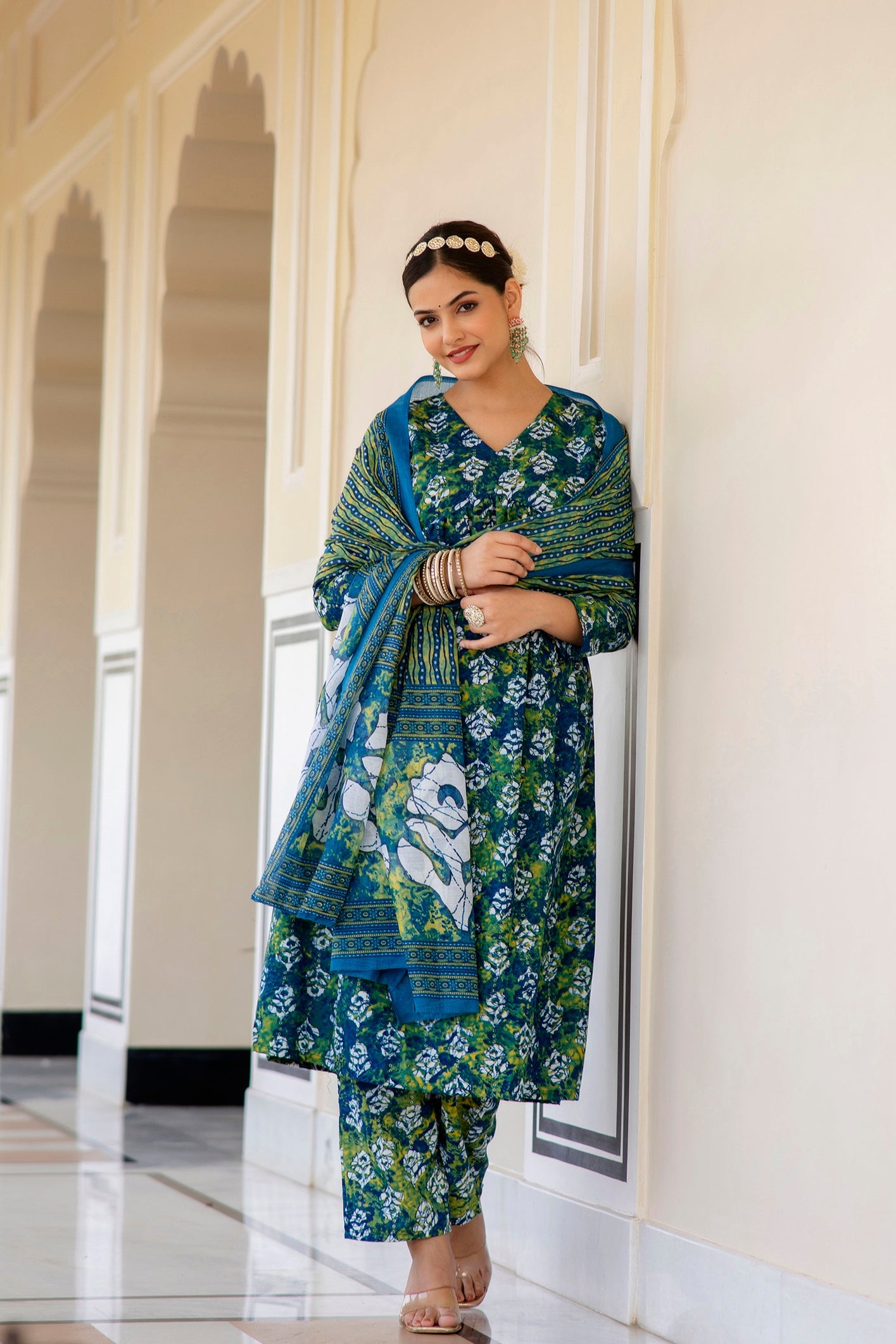 Women Dark Green Printed Viscose Rayon Kurta, Pant And Dupatta Set