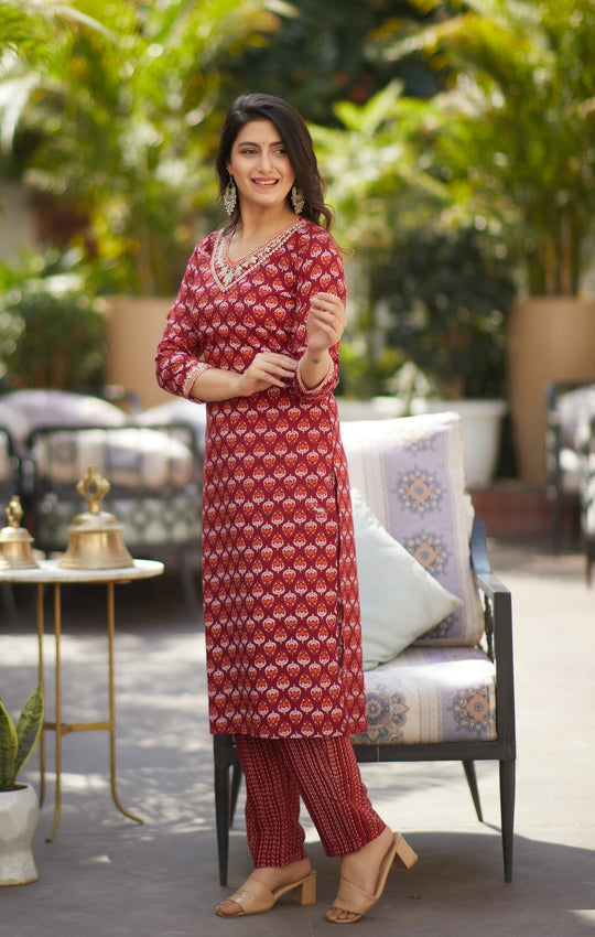 Women Maroon Printed Pure Cotton Kurta, Pant And Dupatta Set
