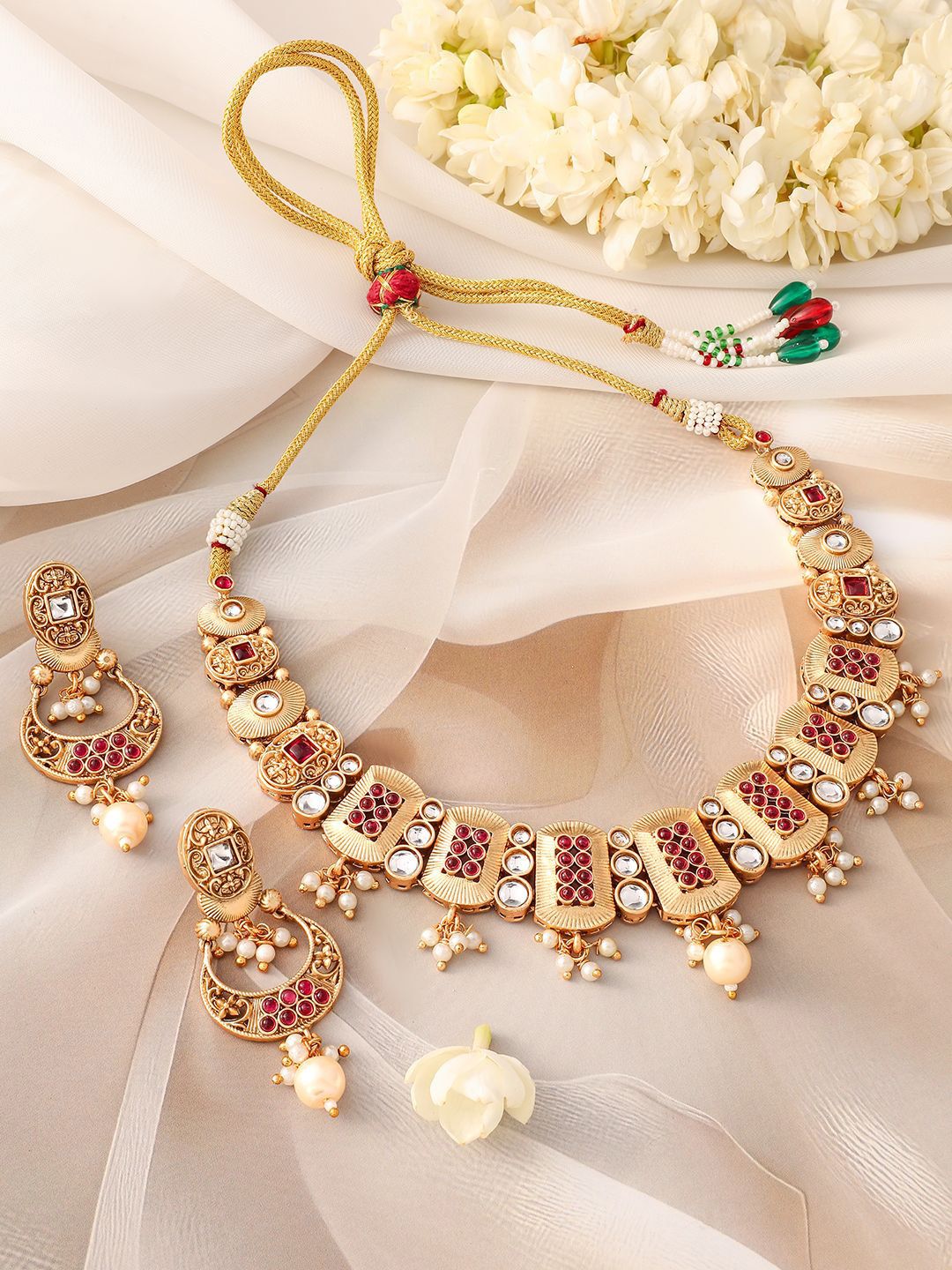 Dhiyona RJ Women's 24K Gold-Plated Ruby, Kundan Studded & Pearl Drops Rectangle Motif Necklace Set