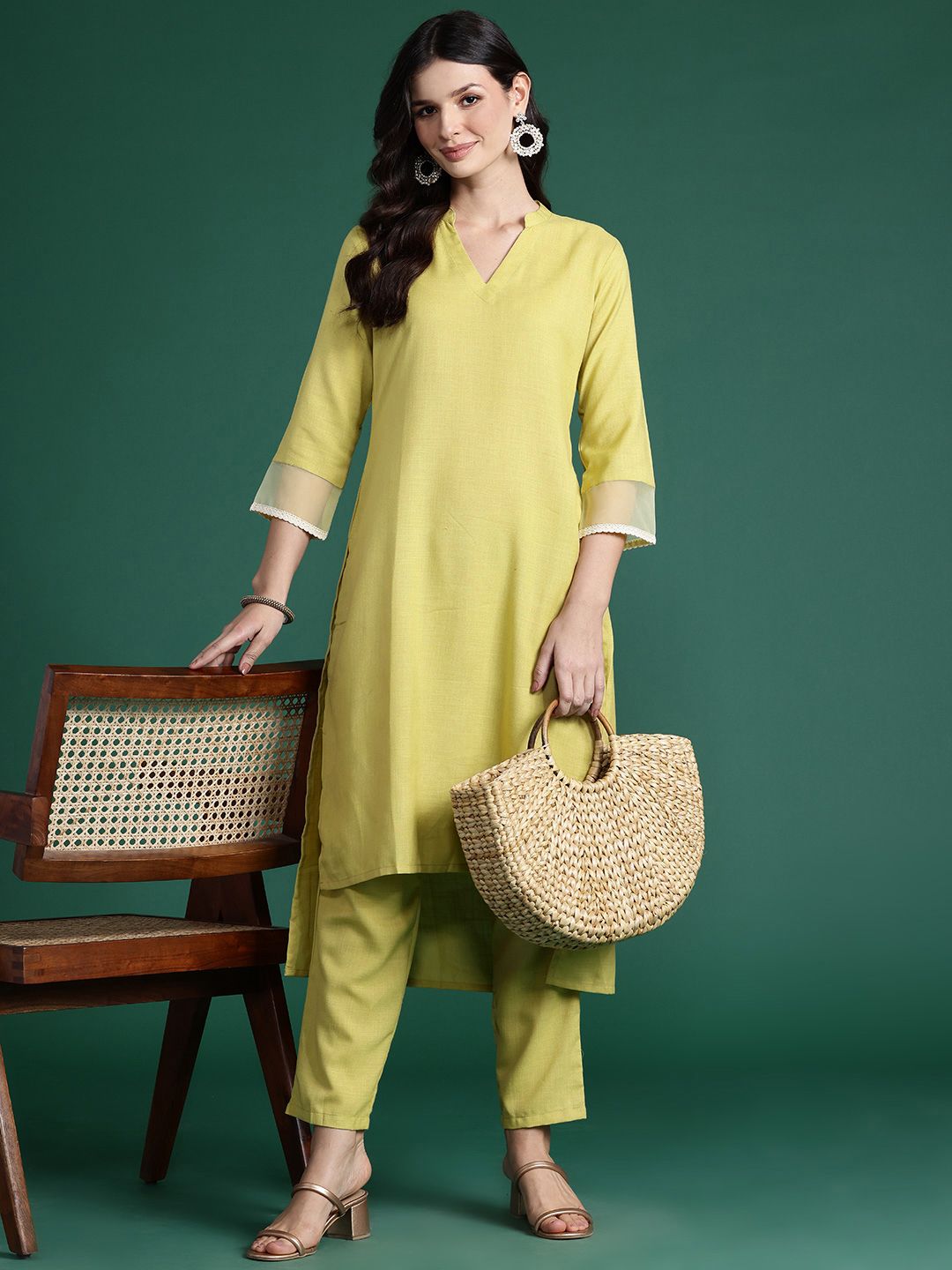 Solid High Low Kurta with Trousers