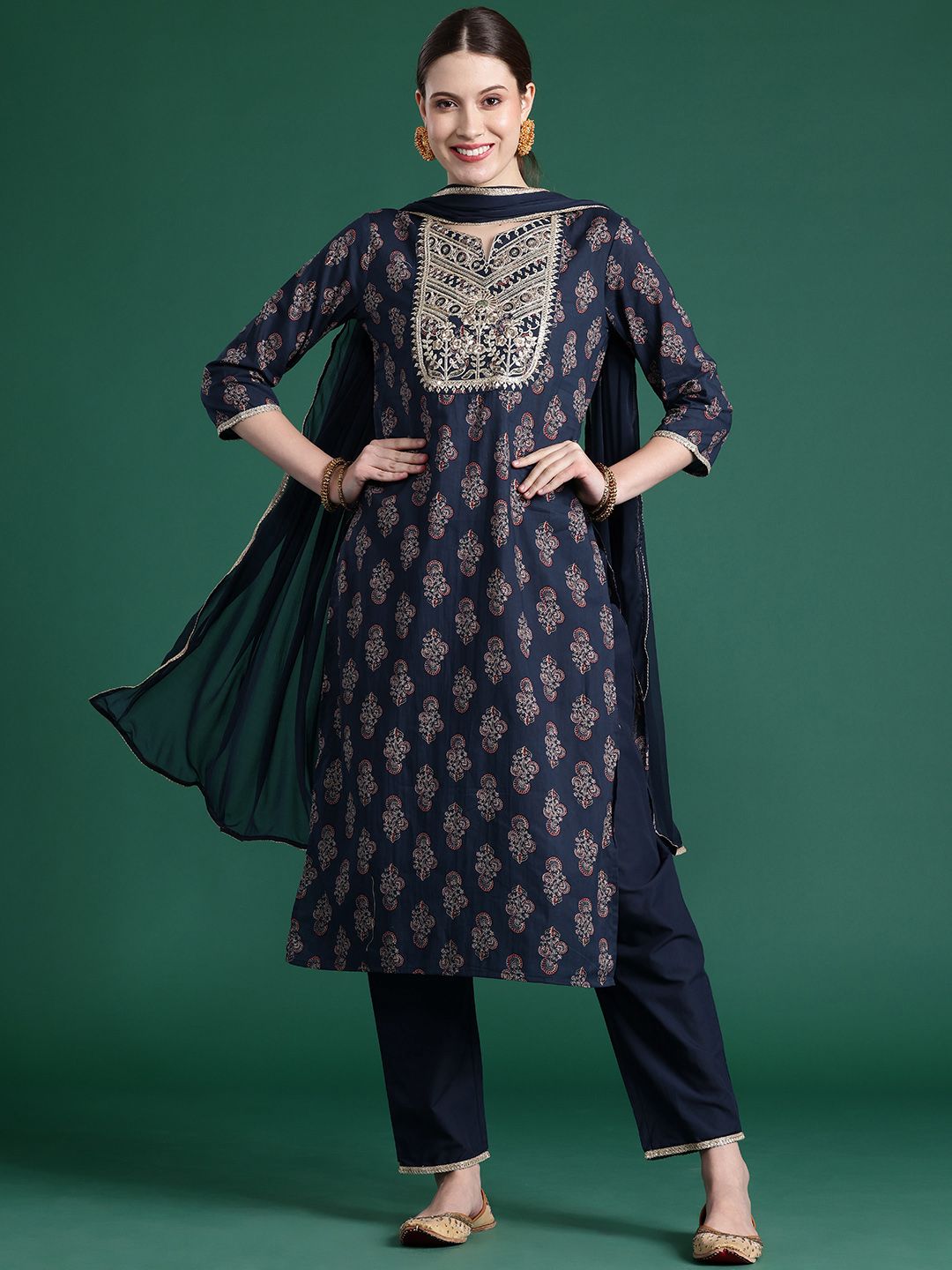 Dhiyona IE Ethnic Motifs Printed Sequinned Pure Cotton Kurta With Trousers & Dupatta