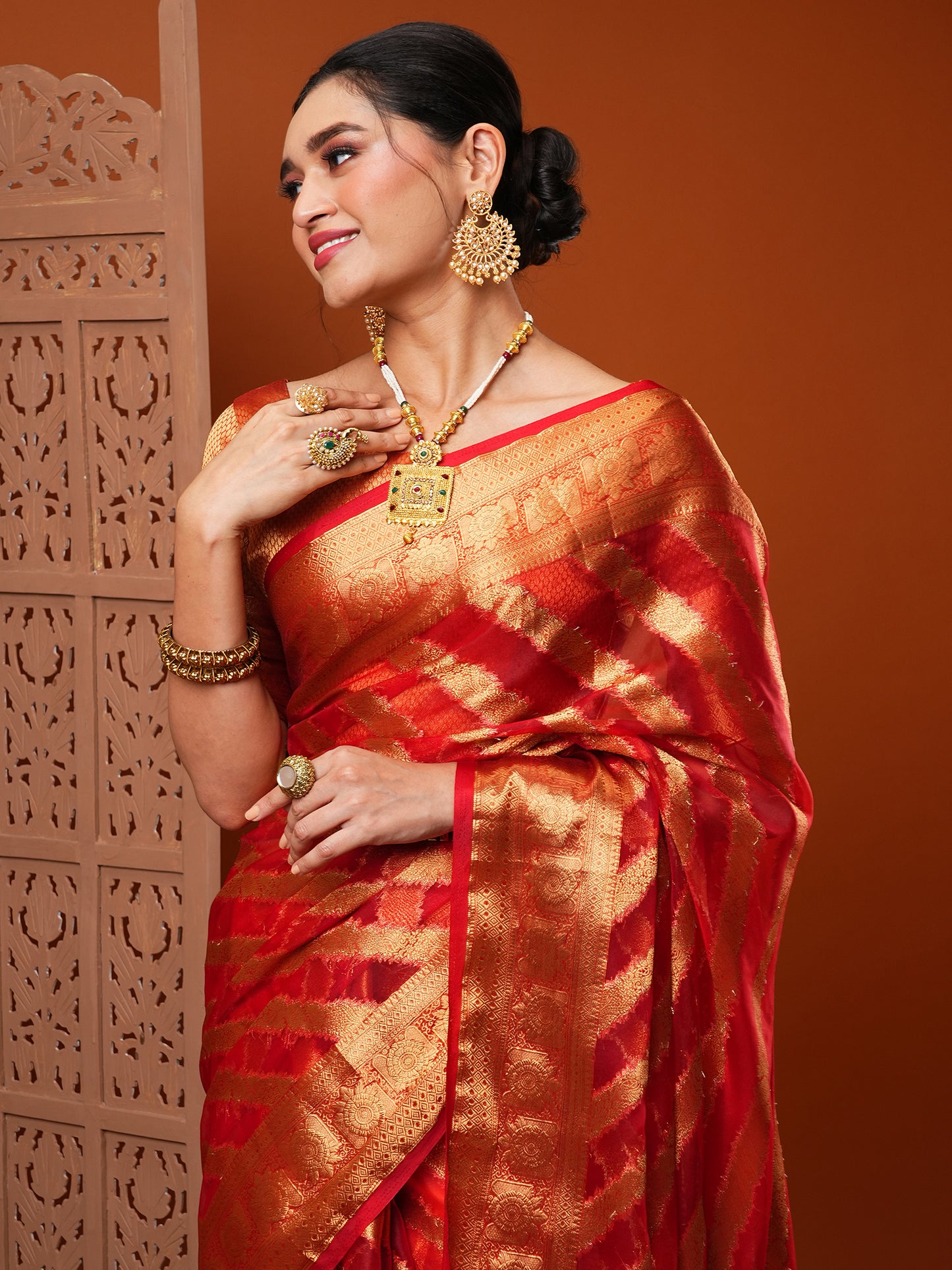 Women's Organza Red Woven Design Designer Saree With Blouse Piece