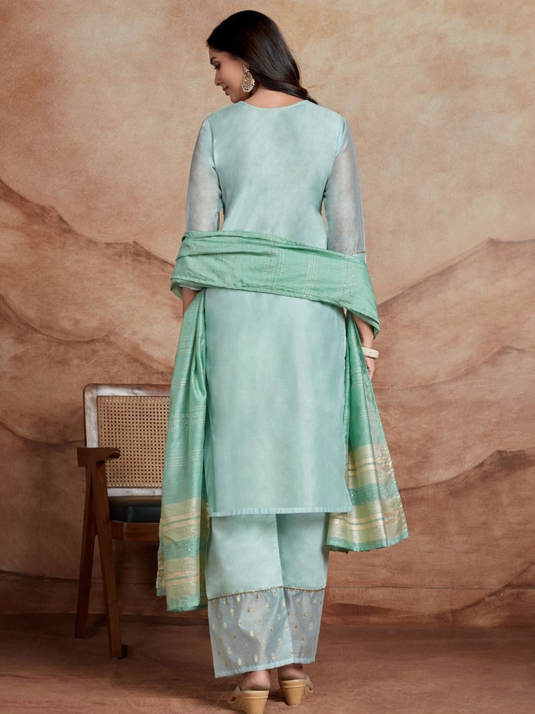 Dhiyona SN Women's Floral Embroidered Sequinned Chanderi Silk Straight Kurta & Palazzo With Dupatta