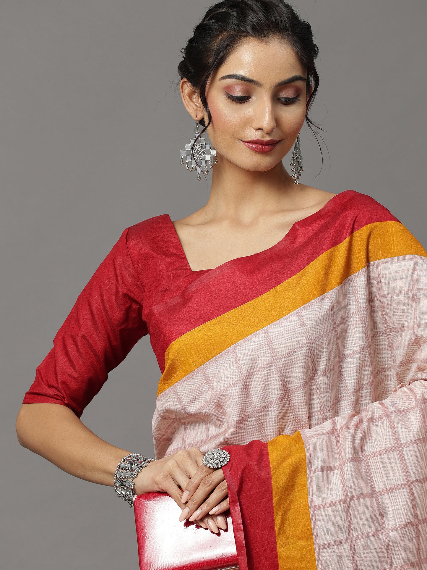 Women's Bhagalpuri Silk Cream Printed Designer Saree With Blouse Piece
