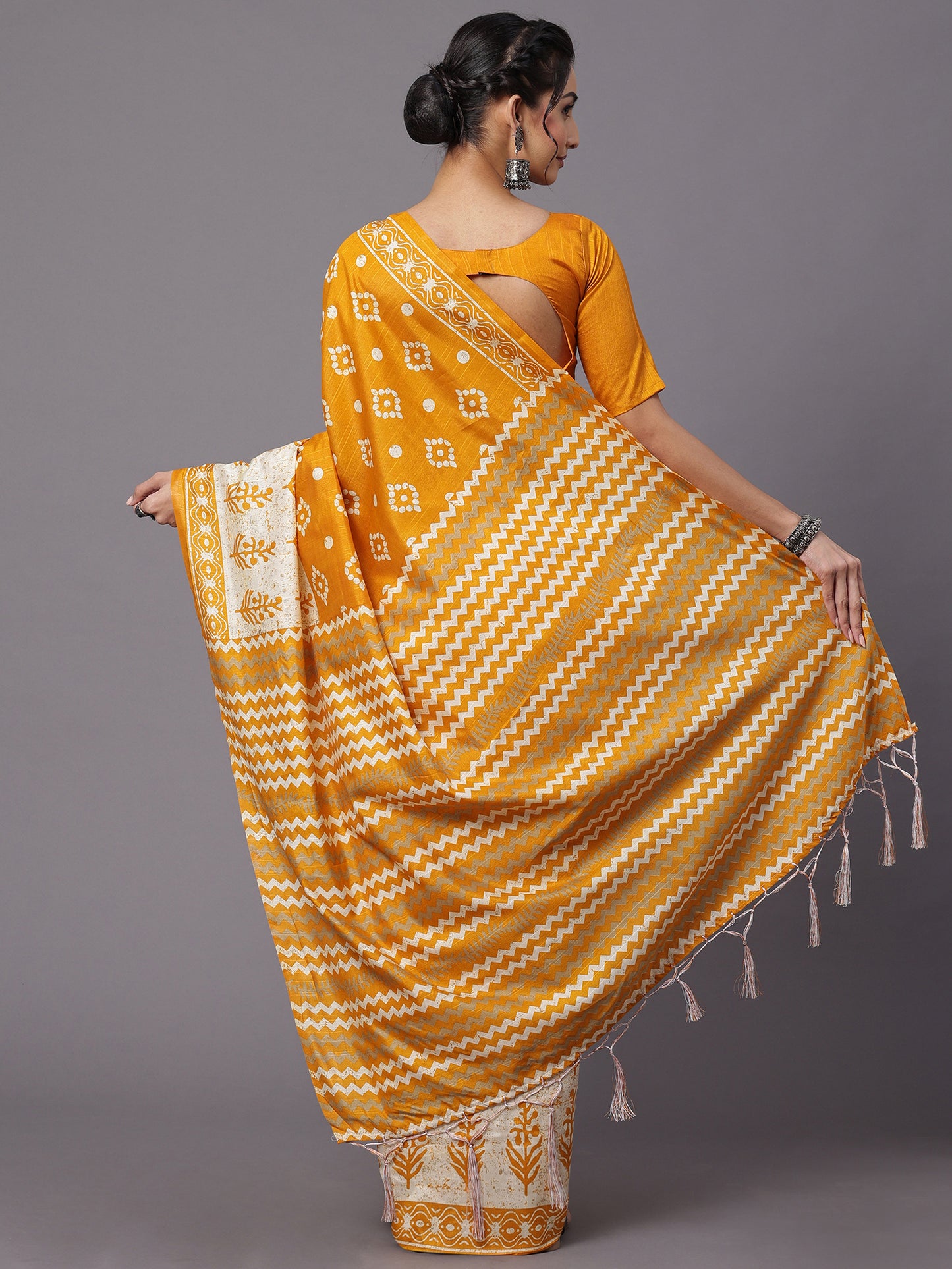 Women's Bhagalpuri Silk Yellow Printed Designer Saree With Blouse Piece
