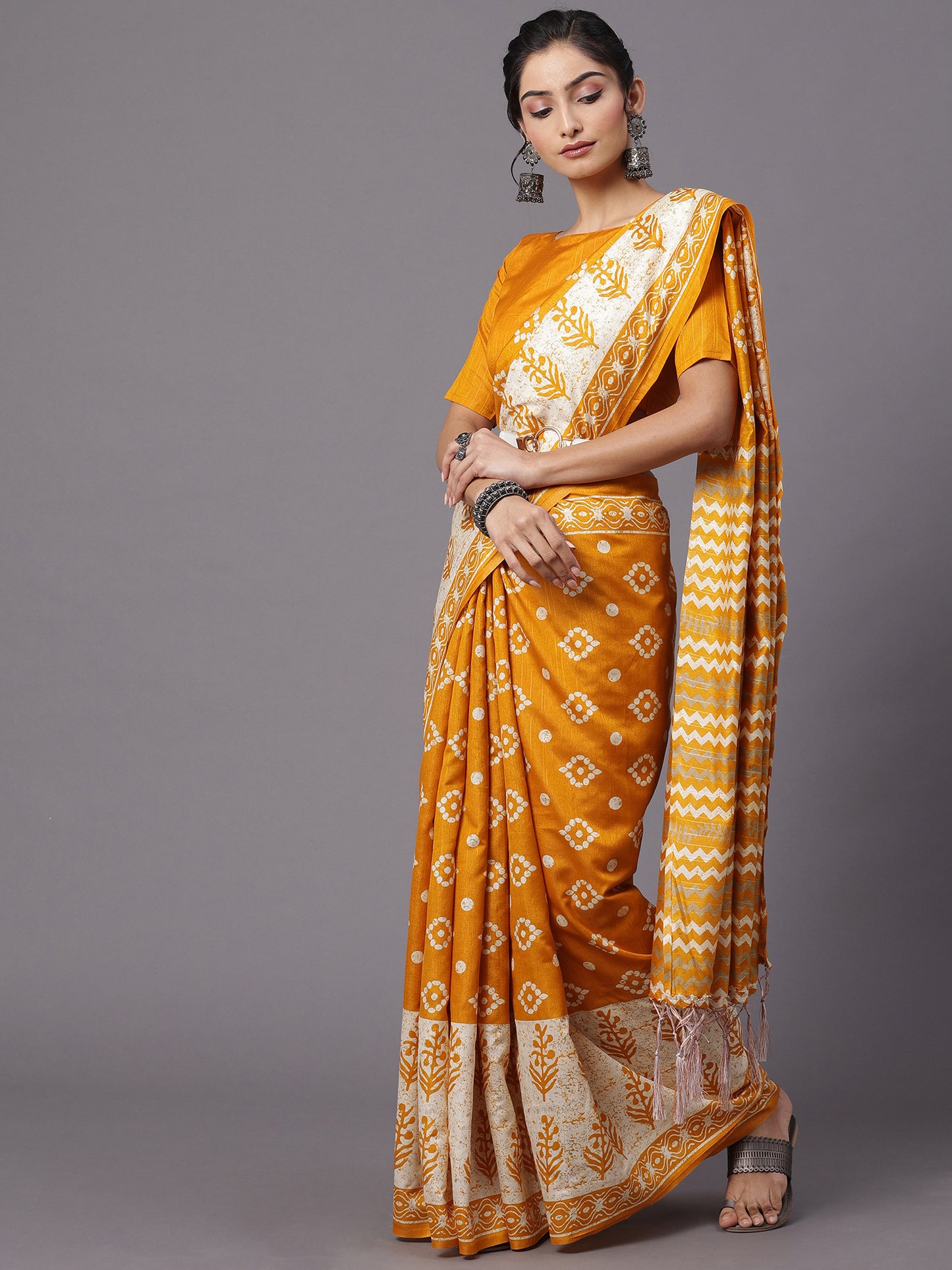 Women's Bhagalpuri Silk Yellow Printed Designer Saree With Blouse Piece