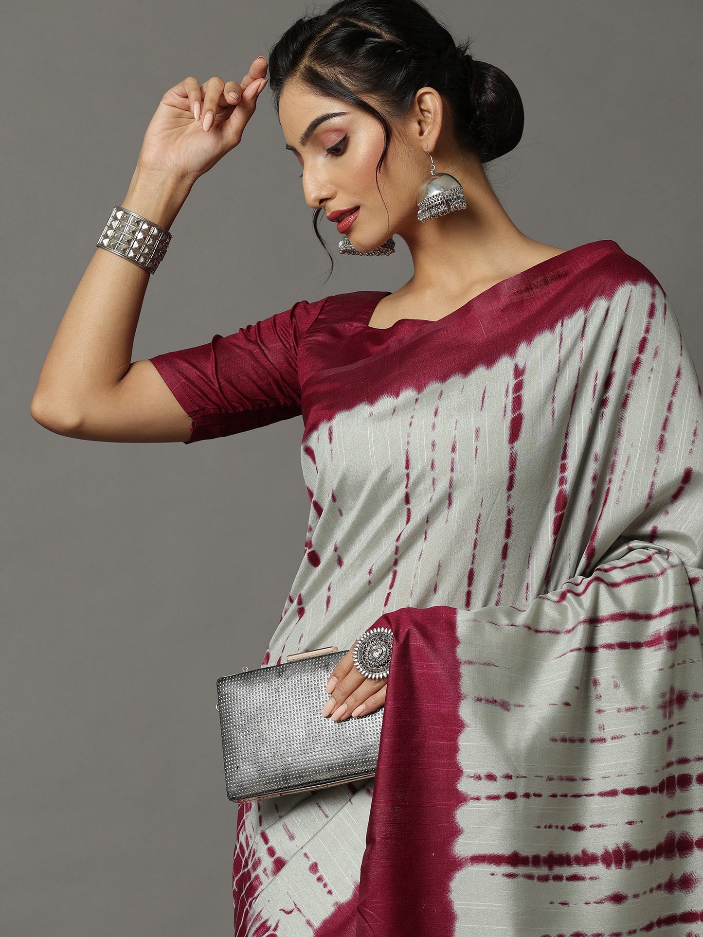 Women's Bhagalpuri Silk Grey Printed Designer Saree With Blouse Piece