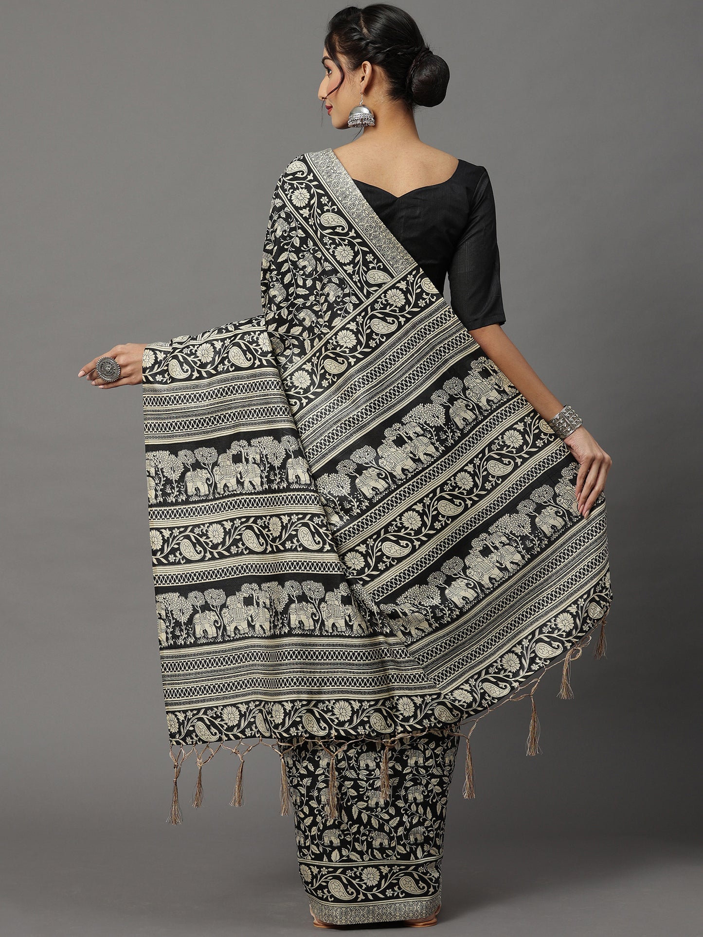 Women's Bhagalpuri Silk Black Printed Designer Saree With Blouse Piece