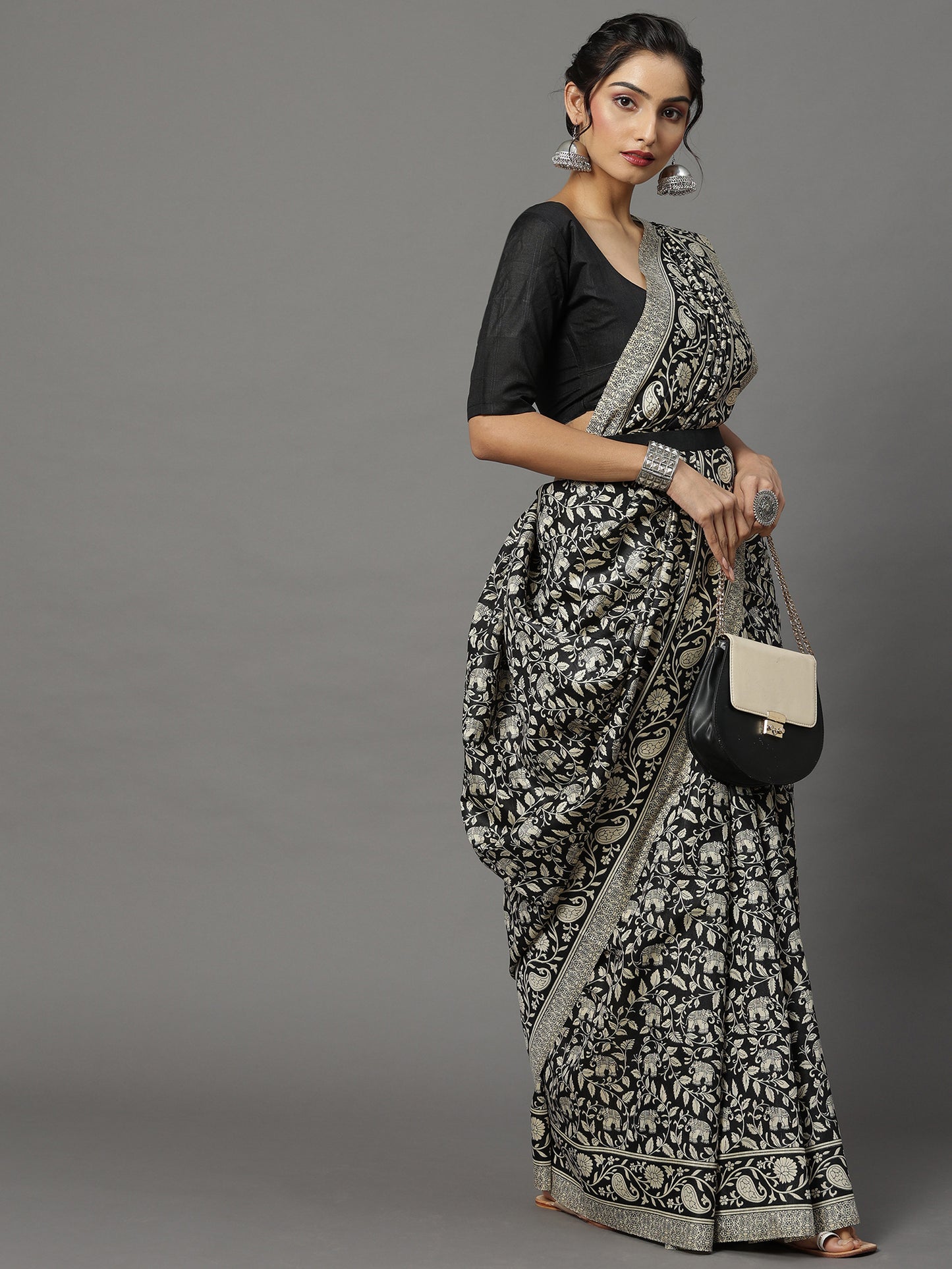 Women's Bhagalpuri Silk Black Printed Designer Saree With Blouse Piece